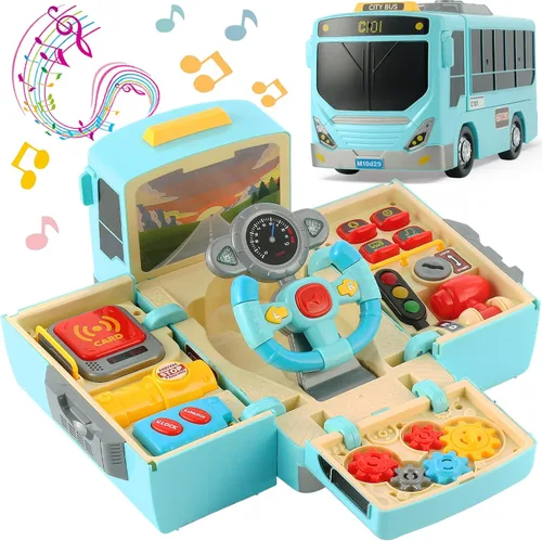 HONGTUO Juguete de Autobús con Sonido y Luz, Juguete de Volante de Simulación con Engranajes, Juguetes de Autobús para Niños Pequeños con Música