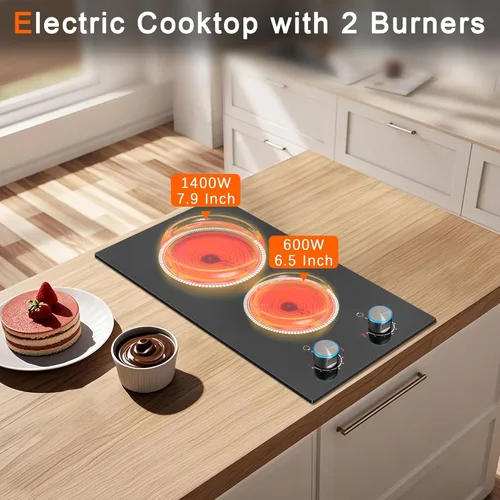 Miniatura 2 de Estufa eléctrica de 2 quemadores de 120 V, quemador superior de estufa de 12 pulgadas, 2000 W, estufa eléctrica de doble quemador con control