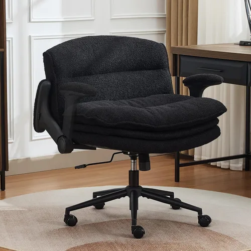 Silla cruzada con brazos abatibles, silla ancha con patas cruzadas con cojín de 3 capas, silla ergonómica de escritorio de oficina con ruedas, silla