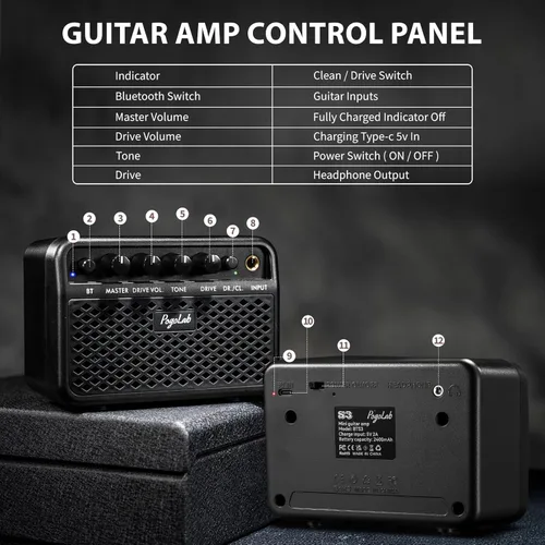 Miniatura 8 de POGOLAB Mini Amplificador de Guitarra, Amplificador Eléctrico Pequeño Portátil de 5W, Efectos Limpios y de Saturación de 2 Canales, Altavoz