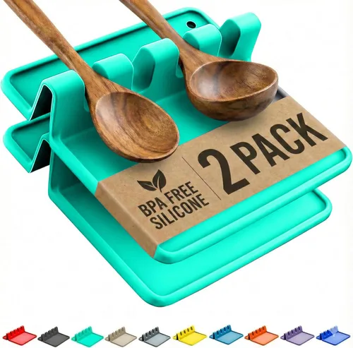 Miniatura 14 de Soporte de cuchara de silicona naranja para estufa con almohadilla de goteo (paquete de dos) – Resistente al calor sin BPA y soporte para cuchara