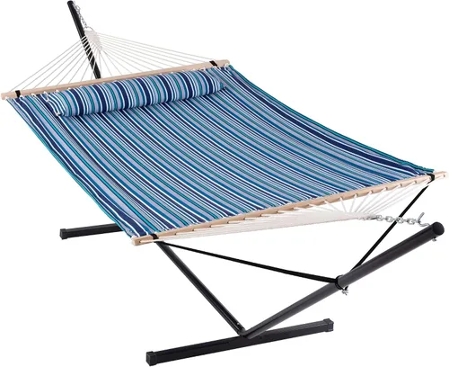 Miniatura 24 de ANOW Hamaca doble con combo de soporte de acero resistente de 12 pies, hamaca acolchada para 2 personas con soporte para exterior, capacidad