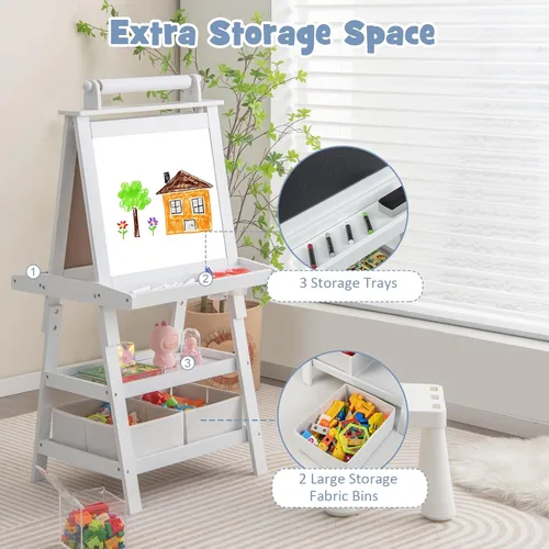 Miniatura 4 de Costzon Caballete de arte para niños, caballete de pintura de doble cara 3 en 1 con pizarra blanca magnética, pizarra y rollo de papel, estante