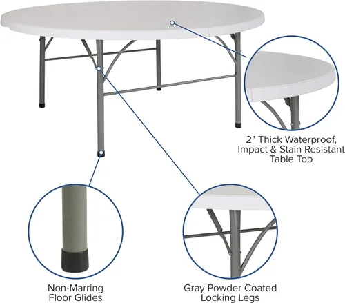 Miniatura 4 de BizChair Mesa plegable redonda de 6 pies de plástico blanco granito bi-Fold con mango