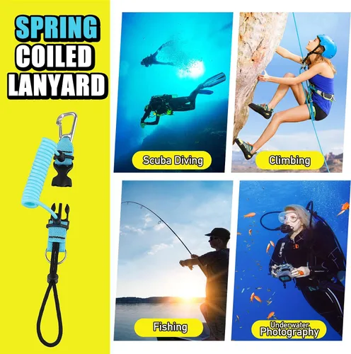 Miniatura 6 de Buceo bobina Landyard, cordón de acero inoxidable para cámara en espiral con hebilla de metal de liberación rápida Azul claro