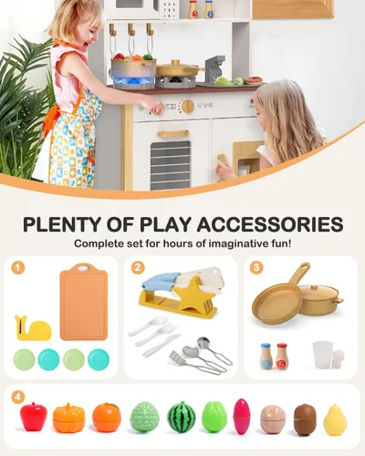 Miniatura 4 de Babytronic Cocina de Juego para Niños, Set de Cocina de Madera para Niños de 3+ Años con Luces Reales, Sonidos, Estufa, Fregadero, Horno, y 30 Blanco