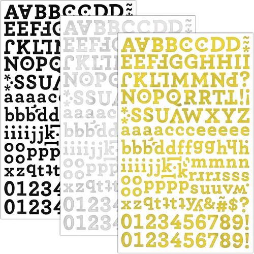 QQ&U Calcomanías de letras del alfabeto de aluminio de 3 hojas (negro, plata, dorado)