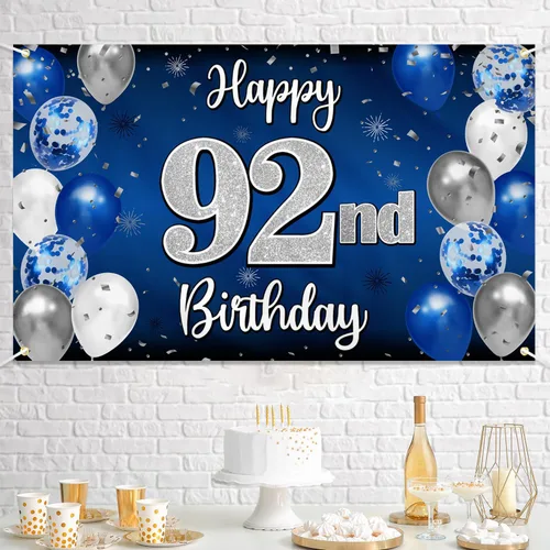 Miniatura 76 de Decoración de feliz cumpleaños 35, globo azul y plateado de 35 años, cartel grande de telón de fondo de cumpleaños, suministros para fiesta de 35th
