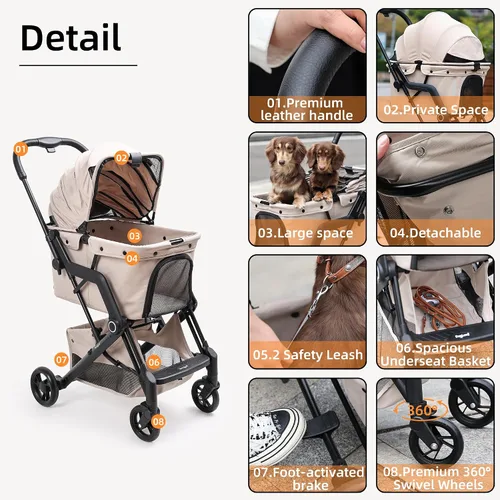 Miniatura 5 de Cochecito para mascotas pequeño/mediano mejorado: perros y gatos de hasta 66 libras, se pliega para almacenamiento y cuenta con un freno de pie