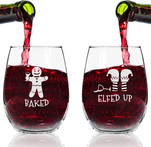 Miniatura 3 de Drunk Christmas - Juego de 4 copas de vino divertidas sin tallo Divertidas copas de vino temáticas de Navidad para fiestas de vacaciones 4