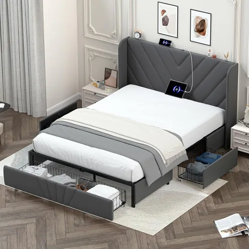 Miniatura 11 de LUCKLIFE Base de cama tapizada con puertos USB y tipo C, cabecera en forma de V, cajones laterales y almacenamiento de estribo de gran tamaño,