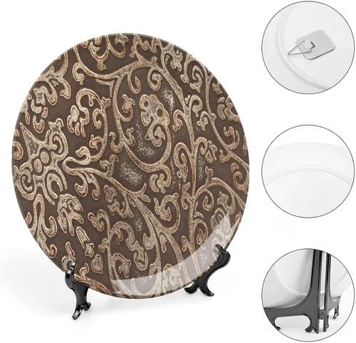 Miniatura 4 de XISUNYA Plato decorativo de 6 pulgadas, plato de cena retro, patrón floral de cuero, textura de fondo estampado de fondo de cerámica para colgar