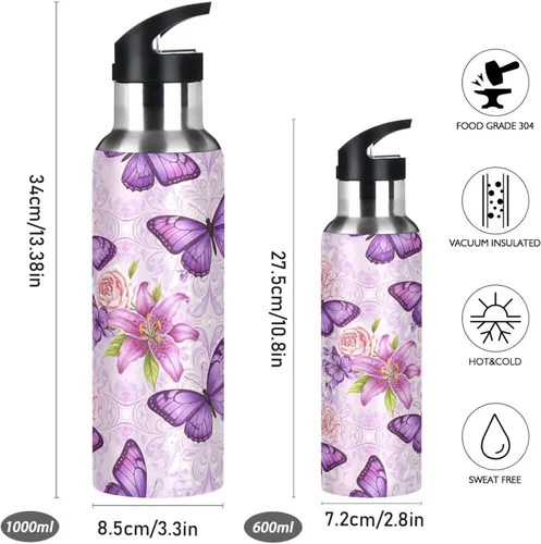 Miniatura 2 de Purple Butterflies Stainless Steel Water Bottle 20 Oz, BPA-Free Sports Water Bottle Leakproof Water Bottles