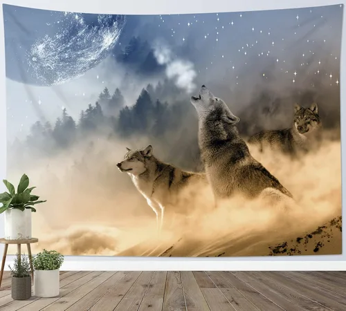 HVEST Tapiz de pared de lobo para colgar en la pared, tapiz de animales salvajes, lobos aullidos en tapices nevados, escena de nieve de invierno,