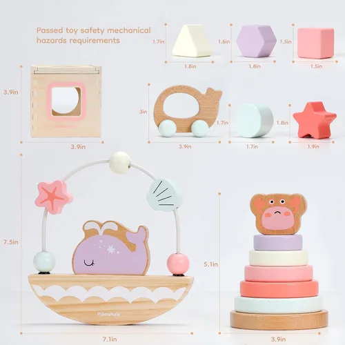 Miniatura 6 de Pillowhale Juego de juguetes de madera sensorial y educativo para niños pequeños de 1 a 3 años - Anillos para apilar, clasificador de formas, coche