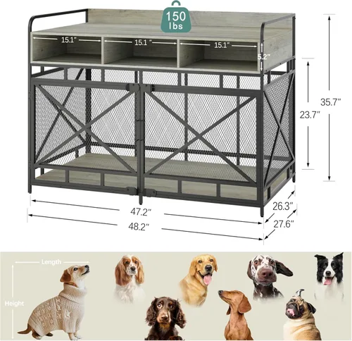 Miniatura 5 de Fulhope Muebles de Jaula para Perros, Mesa Auxiliar de Jaula para Perros de Madera Resistente de 48", Muebles de Perrera XL para Razas Grandes