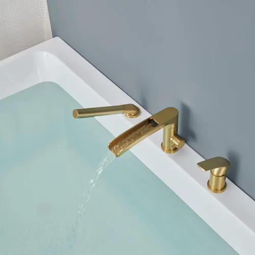 Miniatura 3 de Wowkk Grifo de Bañera de Cascada Romano Montaje en Cubierta Grifo de Bañera de Níquel Cepillado Relleno de Bañera de Latón Grifos de Bañera con Oro