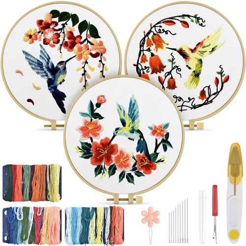 Miniatura 8 de TINDTOP Kit de bordado para adulto, paquete de 3 piezas de bordado para bricolaje, con patrones estampados, aro, herramientas, hilos coloridos