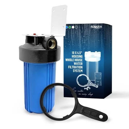 Sistema purificador de filtro para toda la casa de 10 x 4.5 pulgadas de alta capacidad para agua de pozos o ciudades, botón de alivio de Azul