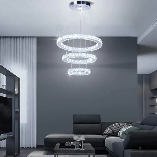 Miniatura 2 de Lámparas de araña LED de cristal, lámpara colgante moderna para comedor, lámpara de techo ajustable con 3 anillos, de acero inoxidable, blanco frío