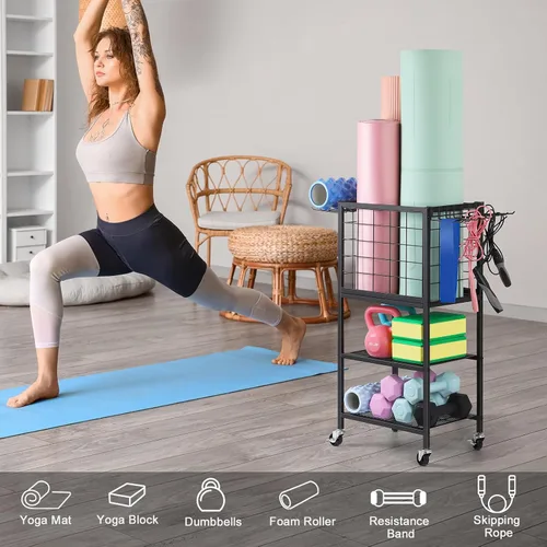 Miniatura 7 de ETELI Estante de almacenamiento para esterilla de yoga, gimnasio en casa, equipo de entrenamiento, carrito de almacenamiento con ruedas de ganchos