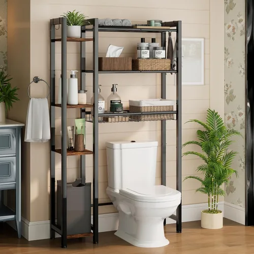 Almacenamiento sobre el inodoro con estante lateral, organizador de baño de 7 niveles con estante ajustable y cesta de drenaje y 4 ganchos, ahorro