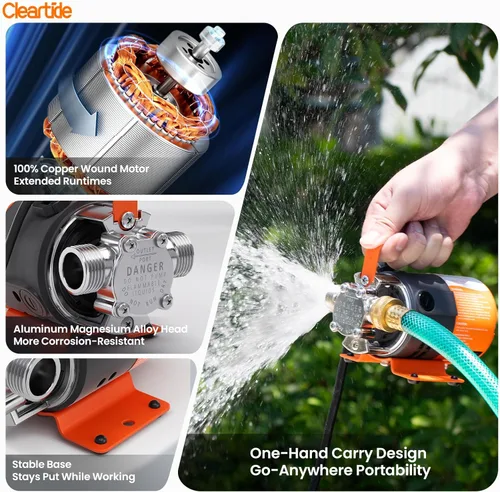 Miniatura 6 de Cleartide - Bomba de transferencia de agua 115V, 1/10HP 380GPH, bomba de agua eléctrica de uso general con kit de manguera de succión de 6 pies