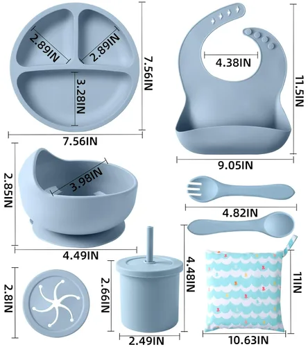 Miniatura 7 de Juego de alimentación de bebé de silicona, 10 piezas de suministros de destete LED para bebés, juego de artículos esenciales para comer con ventosa