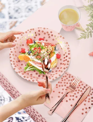 Miniatura 5 de Nkaiso 141 piezas de suministros de fiesta de oro rosa y rosa, juegos de decoraciones desechables para fiestas incluyen platos de papel, Rosa y oro