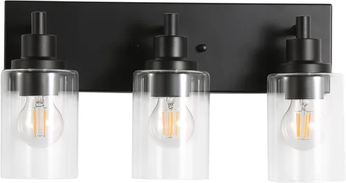 Miniatura 8 de LOUSACE Lámpara de tocador de baño de 3 luces, lámparas de baño negro mate sobre el espejo, iluminación moderna de baño con pantalla de vidrio
