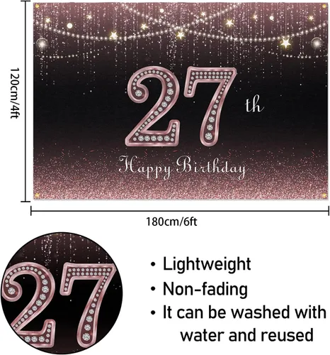 Miniatura 2 de HAMIGAR Fondo de pancarta de feliz cumpleaños 27 de 6 x 4 pies, decoraciones de cumpleaños de 27 años, suministros de fiesta para mujeres, oro rosa