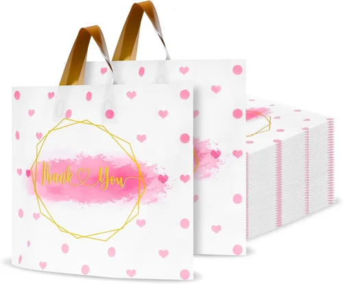 WAKAKO Paquete de 60 bolsas de plástico con asas, 12 x 15 pulgadas, bolsas de regalo para mercancías minoristas para pequeñas empresas y boutiques
