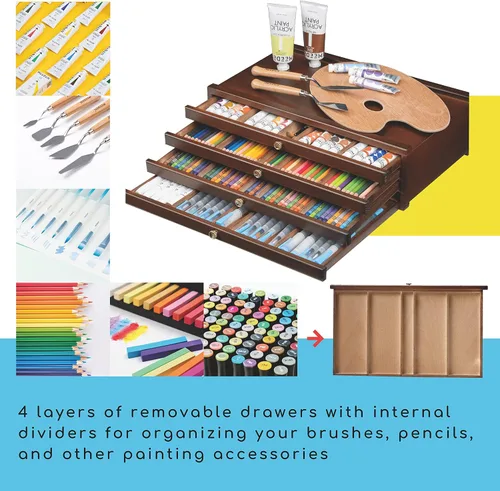 Miniatura 4 de MEEDEN Caja de almacenamiento para suministros de artista con 4 cajones - Caja portátil plegable multifunción de madera de haya para lápices