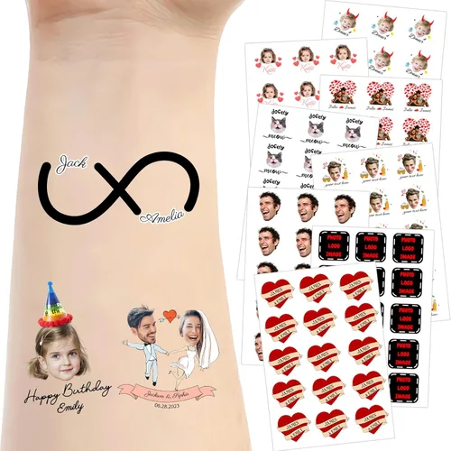 Miniatura 20 de Tatuajes temporales personalizados para la cara, tatuajes faciales personalizados con nombre de foto, logotipo, texto, calcomanía de tatuaje falsa