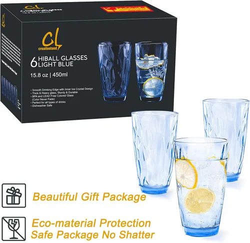 Miniatura 2 de CREATIVELAND Highball - Juego de 6 vasos de vidrio, color azul claro, para agua, cóctel, jugo, cerveza, café helado, cristalería azul transparente