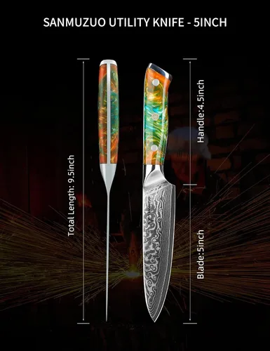 Miniatura 4 de Cuchillo utilitario de cocina de 5 pulgadas, cuchillos de cocina de la serie Xuan, acero de damasco VG10 con mango de resina (naranja fantasía)