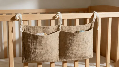 Miniatura 4 de Bolsa colgante de cabecera para guardar biberones y mantas de leche para bebés - Bolsa organizadora de cama plegable para pañales para bebés - Marrón