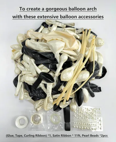 Miniatura 4 de Kit de arco de globos de 185 piezas negros y de arena de perlas doble relleno con lazos y perlas de imitación, globos negros y blancos