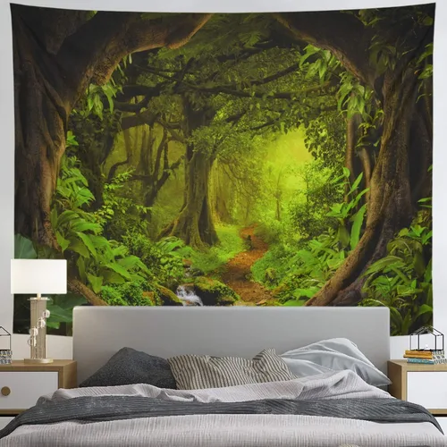 Miniatura 3 de Tapiz de bosque brumoso, árbol de la vida, tapiz de fantasía, paisaje, naturaleza, decoración de pared, selva tropical, selva, bosque, tapiz