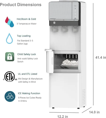 Miniatura 7 de IKT Dispensador de enfriador de agua 3 en 1 con máquina de hielo para botella de 5 galones, 27 libras en 24 horas, luz nocturna de 3 temperaturas