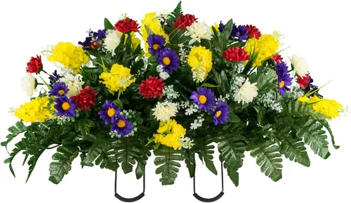 Miniatura 10 de Sympathy Silks Flores artificiales para cementerios – Decoraciones para tumbas - 1 ramo de flores silvestres de violeta púrpura y naranja, 1 montura