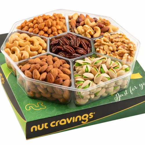 Miniatura 8 de NUT CRAVINGS - Cesta de regalo de frutos secos mixtos en caja de oro verde (7 surtidos, 2 libras) golosinas para adultos, arreglo de alimentos
