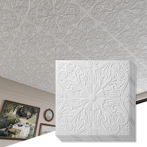 Miniatura 2 de Azulejos decorativos para techo Art3d de 5 cm x 5 cm con pegamento, para colocar en el techo, 24 x 24, paquete de 12 azulejos con flores españolas
