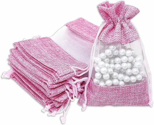 Miniatura 29 de Paquete de 12 bolsas de regalo medianas de lino, arpillera y organza con cordones (5 x 7 pulgadas, blanco) - Bolsa de malla para recuerdos