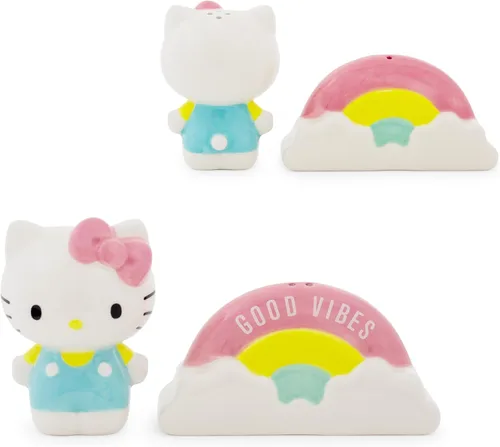 Sanrio Hello Kitty and "Good Vibes" Rainbow - Juego de salero y pimentero de cerámica, juego de 2 botes de almacenamiento para dispensadores de