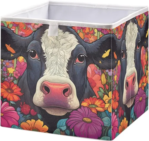 Vnurnrn Cubo de almacenamiento plegable, hermosa vaca en estampado de flores, cestas organizadoras con tablero de soporte para armario de estante de