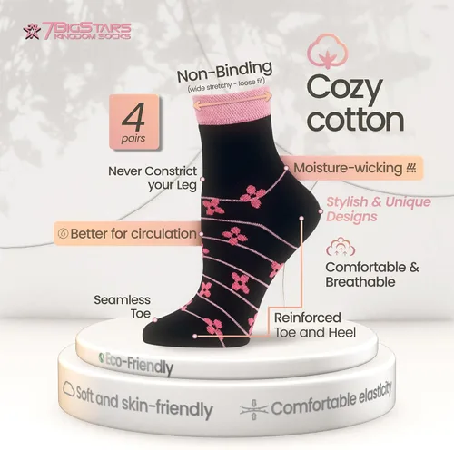 Miniatura 42 de 7BIGSTARS KINGDOM Women's Cotton Quarter Non-Binding Diabetic Fashion Socks-L-M-4 Pack-Multicolor