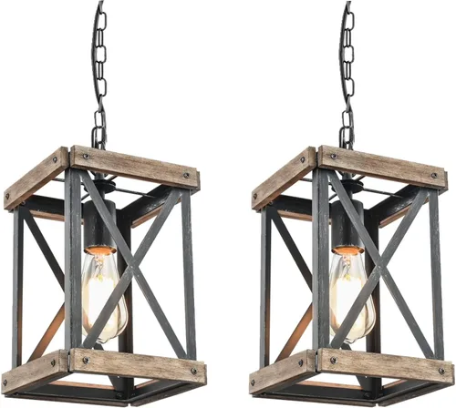 Miniatura 12 de Lámpara colgante de granja, lámpara de araña ajustable de metal y madera, iluminación colgante rústica para isla de cocina, dormitorio, comedor
