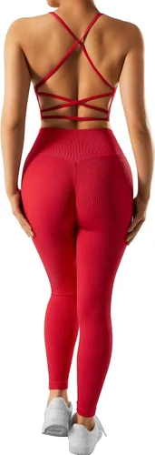 OMKAGI Conjunto de entrenamiento acanalado para mujer, sin costuras, brasier deportivo con tiras y levantamiento de glúteos