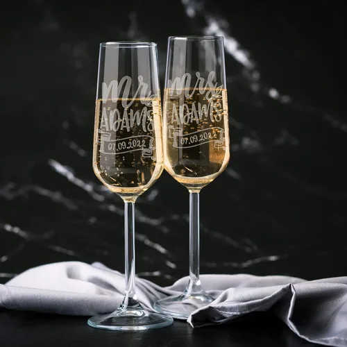 Miniatura 6 de Juego de 2 copas de champán personalizadas, elegantes vasos de brindis de Mr & Mrs para novia y novio, registro de bodas por nombre de la novia, CUTE